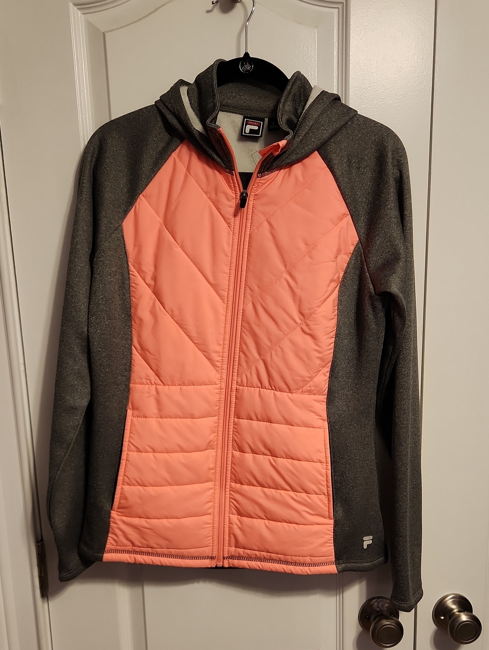 Fila Quilted Hooded Jacket in Coral Pink and Charcoal